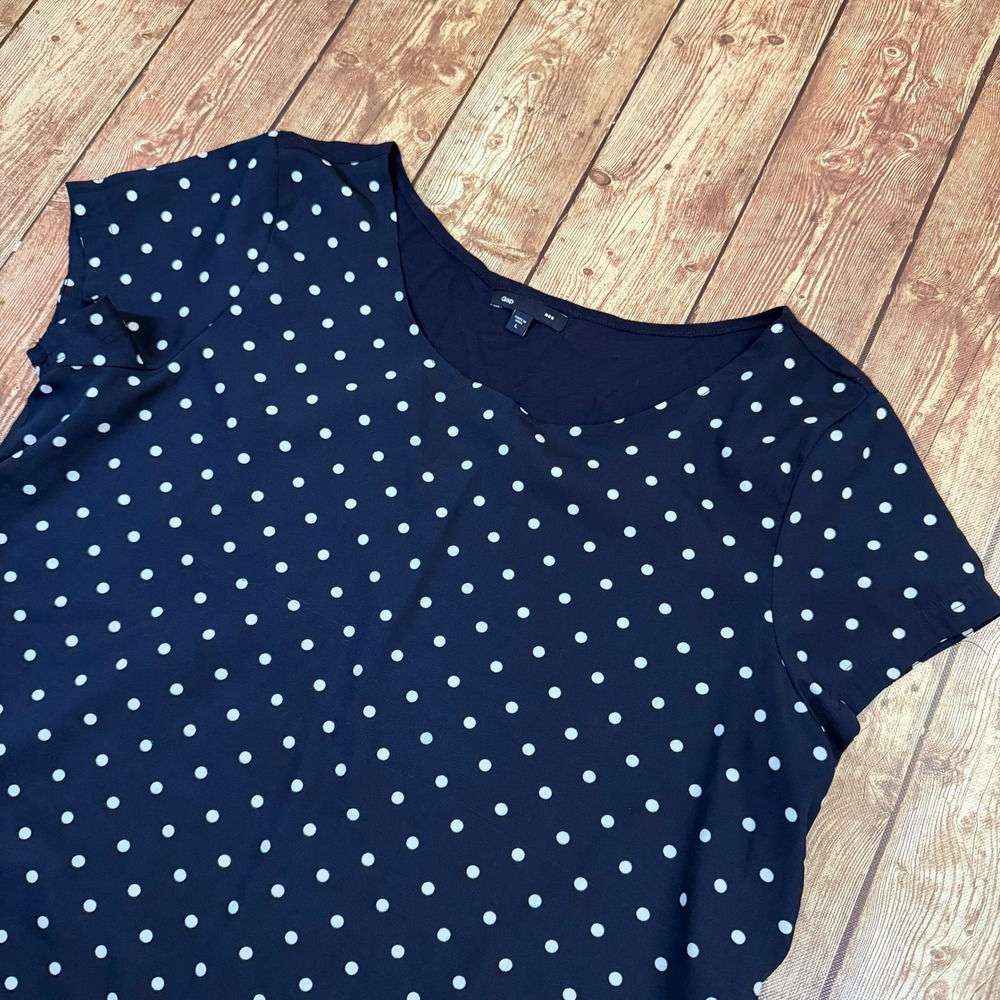 Gap Mixed Media Top Womens Large Navy Blue Polka Dot Short Sleeve Regular Fit